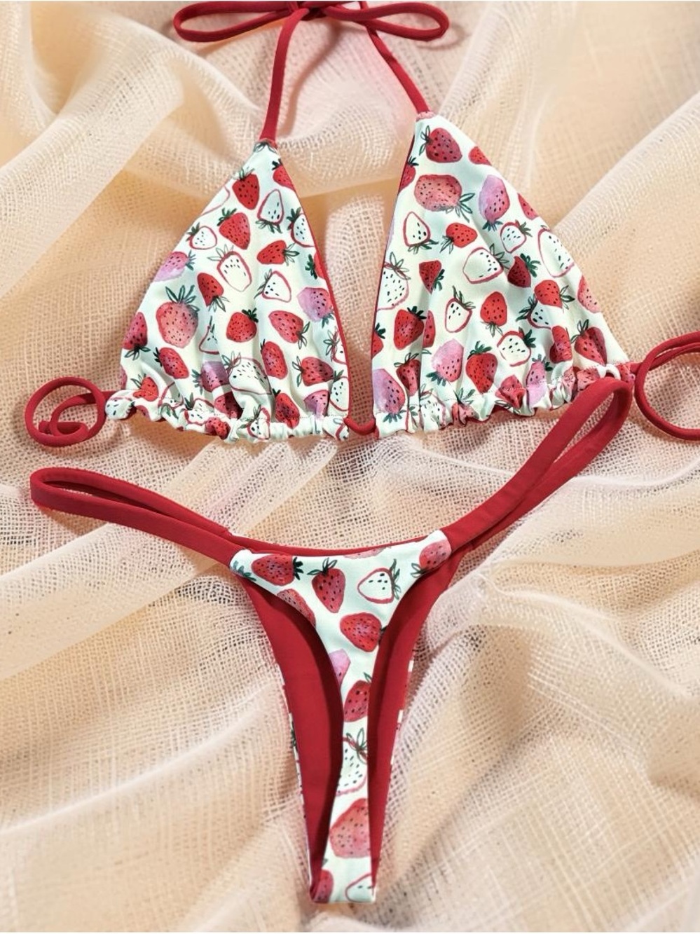 Strawberry Print Triangle Bikini Set - Red Trim